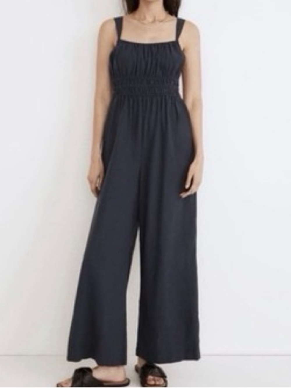 [L]Madewell Navy Smocked-Waist Sophie Wide-Leg Linen Blend Tank Jumpsuit